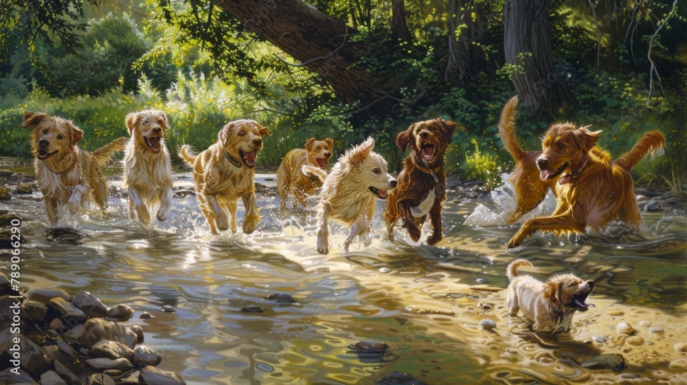 Poster a group of dogs romping and frolicking in a shallow stream, their tails wagging as they chase each o