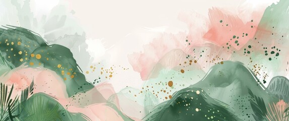 Abstract shapes with golden leaves and pastel colors on a green background. A modern watercolor...