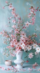 Elegant spring floral arrangement in pastel vase on blue backdrop