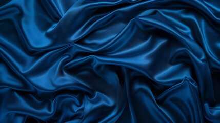 Beautiful dark blue silk satin background Soft folds on shiny fabric Luxury background with space for design Web banner Flat lay Table top view Christmas Valentines Day : Generative AI