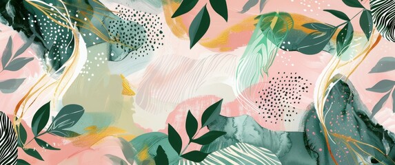 Abstract shapes with golden leaves and pastel colors on a green background. A modern watercolor illustration in the style of boho style. Modern art background for wall decoration, greeting card design - obrazy, fototapety, plakaty