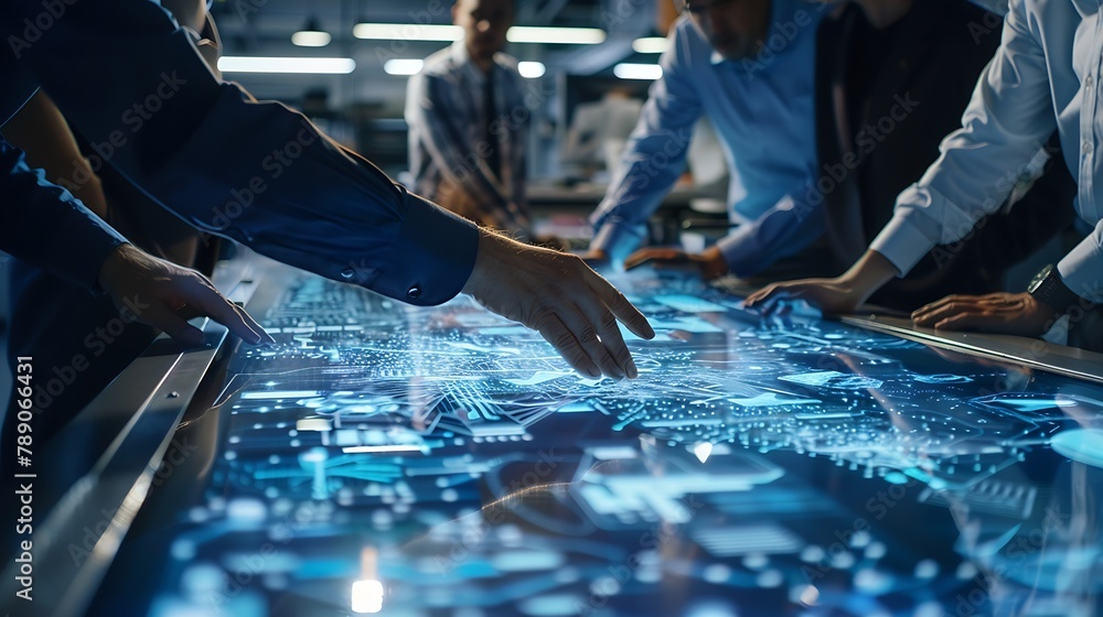 Fototapete engineer scientists and developers gathered around illuminated conference table in technology resear