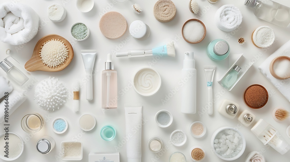 Poster flat lay composition with different spa products on white background : generative ai