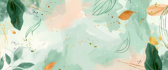Abstract shapes with golden leaves and pastel colors on a green background. A modern watercolor...