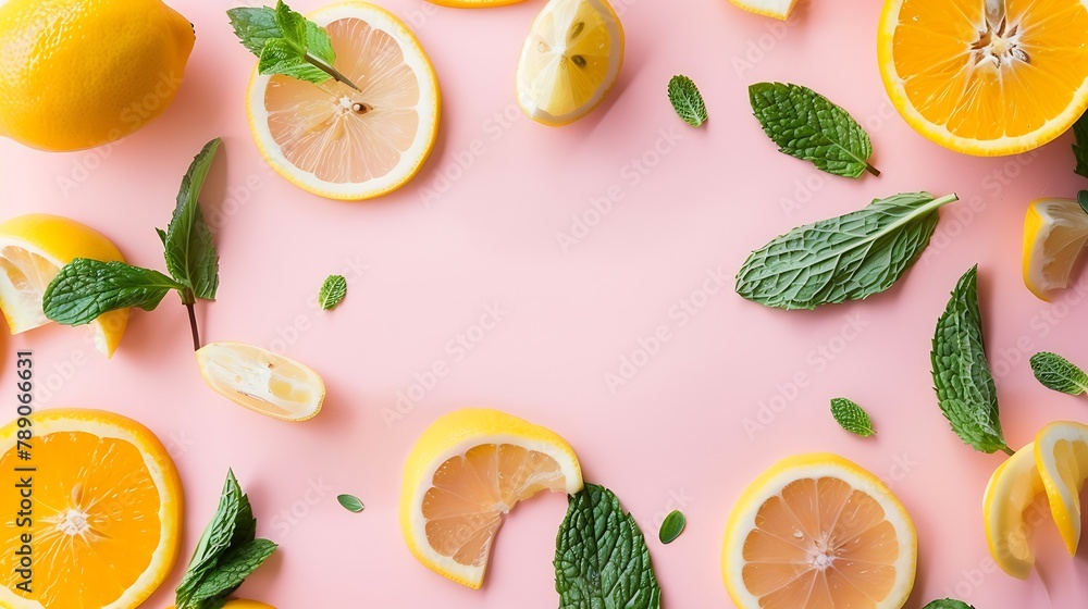 Aufkleber Citrus slices and mint herbs frame on retro pastel pink background with copyspace from above Top view of lemon and orange frame design banner : Generative AI