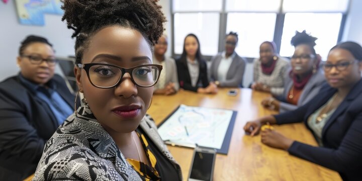 Diverse businesspeople meeting in an office. A young black businesswoman writes a whiteboard concept in a boardroom with colleagues. Collective business planning