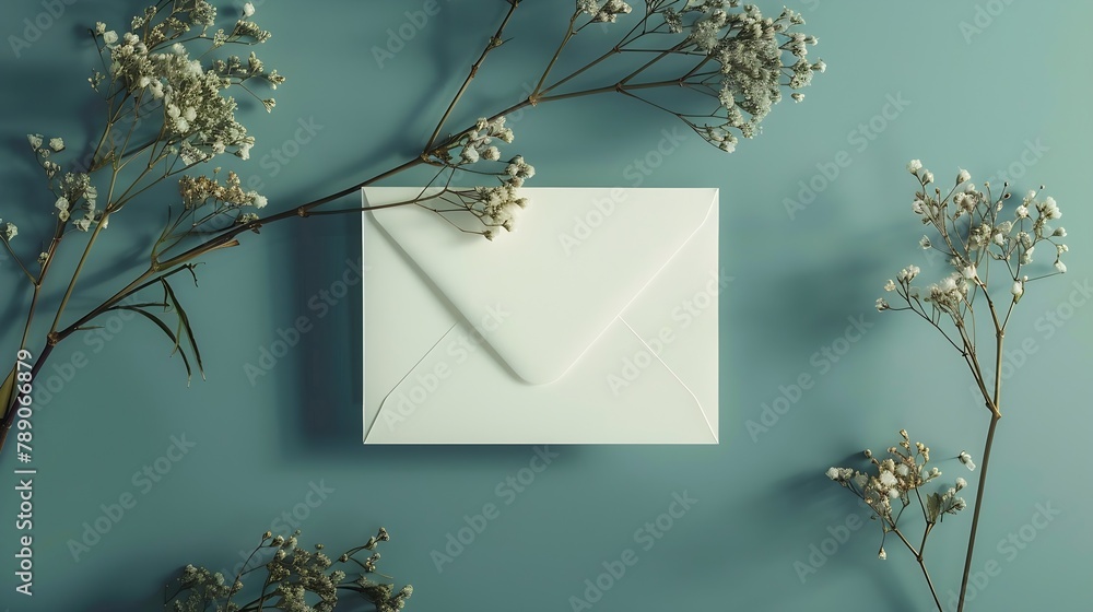 Poster white blank card craft envelope and dry flowers plant on green background top view flat lay mockup c