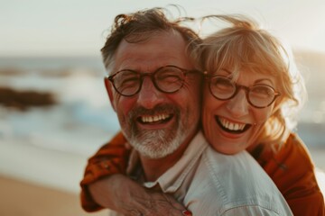 Closeup of a senior mixed-race couple smiling on the beach at sunset. Hispanic couple on a beach date kissing and husband carrying wife.