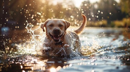 A happy Labrador retriever leaping into a tranquil lake, with water droplets flying as it dives headfirst into the refreshing water, enjoying a playful swim on a sunny day. - obrazy, fototapety, plakaty