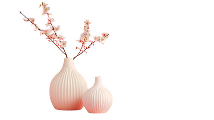 Home decor with white ceramic vases on pastel pink geometric background with curved paper  