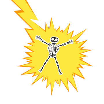 Skeleton electric shock by high voltage or lighting electrocuted caution silhouette flat style design vector illustration. A funny human skeleton had an electric shock or lightning strike.