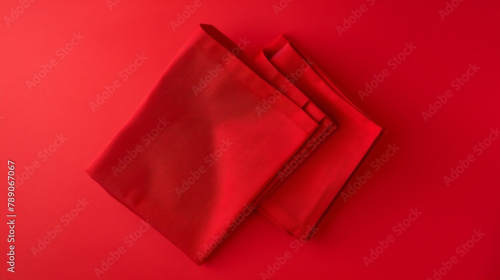 Poster top view with red empty kitchen napkin isolated on table background Folded cloth for mockup with copy space Flat lay Minimal style : Generative AI