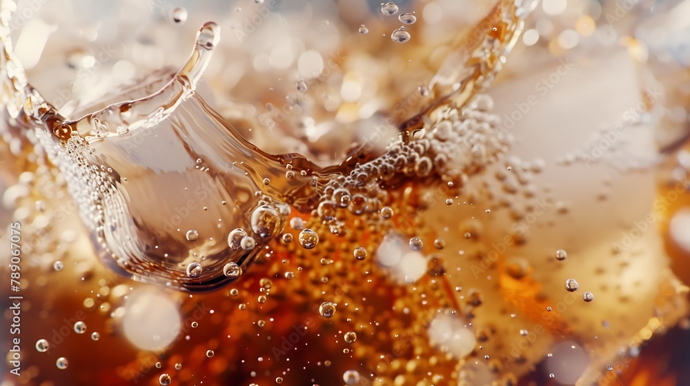 Poster Pouring of Cola and Ice Cola soda and ice splashing fizzing or floating up to top of surface Close up of ice in cola water Texture of carbonate drink with bubbles in glass Cold drink b : Generative AI