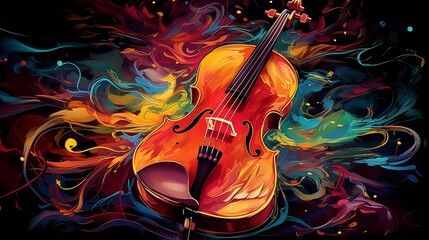 Abstract and colorful illustration of a cello on a black background - obrazy, fototapety, plakaty