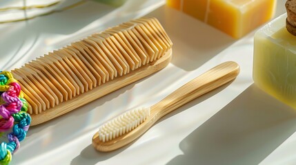 Studio shot of wooden comb bamboo toothbrush colorful bracelets organic soap shampoo and other...