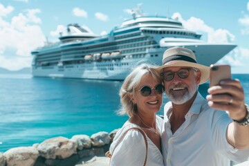Happy elderly couple on the background of a ship tourism