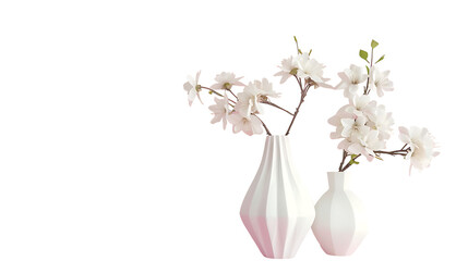 Home decor with white ceramic vases on pastel pink geometric background with curved paper  