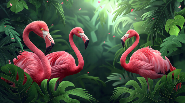 Illustration of three pink flamingo in tropical forest