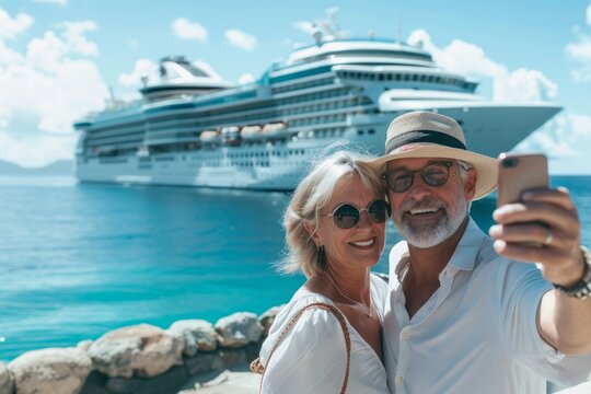 Happy elderly couple on the background of a ship tourism