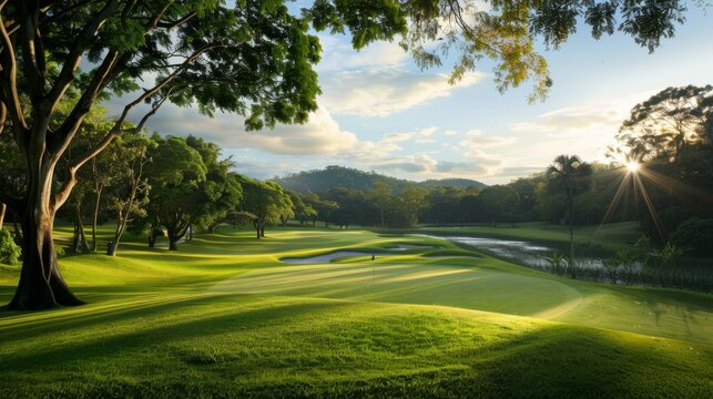 A lush golf course with verdant fairways and manicured greens, framed by trees and water hazards, offering a challenging and picturesque setting for the sport.
