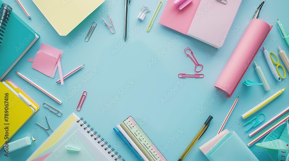 Aufkleber back to school background flat lay top view of colorful scattered stationery on isolated pastel blue