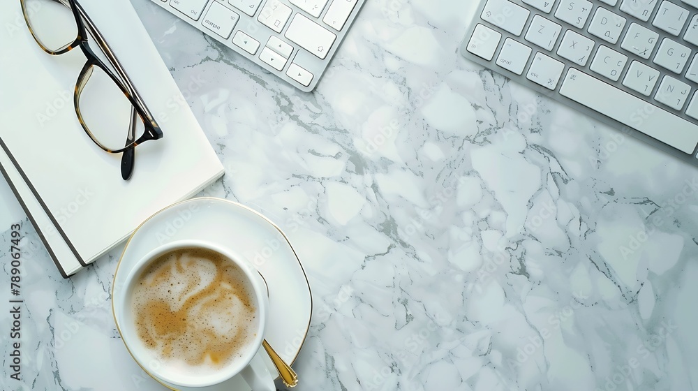 Aufkleber Home office desk table with keyboard coffee cup eyeglasses paper notebooks on marble background Flat lay top view : Generative AI