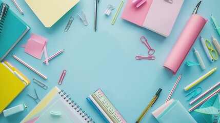 Back to school background Flat lay top view of colorful scattered stationery on isolated pastel blue table background School supplies on desk Copyspace : Generative AI