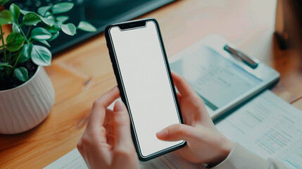 Person's hands interact with a financial application on a tablet, with a warm bokeh cityscape in background. Digital modern technologies with artificial intelligence. Smart home. Banner. Copy space