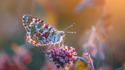 A macro shot of a colorful butterfly perched on a flower, showcasing the intricate beauty and delicate details of nature's winged wonders. - obrazy, fototapety, plakaty