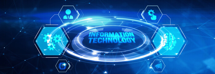 IT consultant presenting tag cloud about information technology. 3d illustration