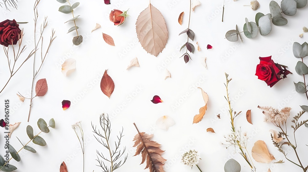Poster autumn composition frame made of eucalyptus branches rose flowers dried leaves on white background a