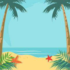 Summer Beach Frame Background with Tropical Leaf Plant and Copy Space