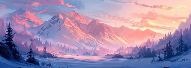 Serene mountain sunrise with a tranquil frozen lake