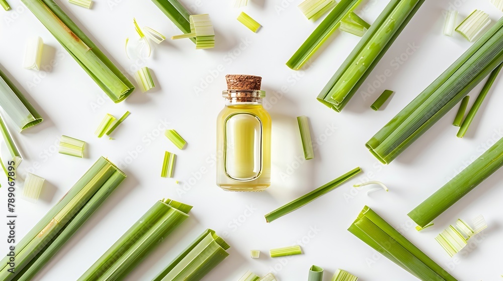 Poster lemongrass essential oil with lemon grass slice isolated on white background top view flat lay : gen