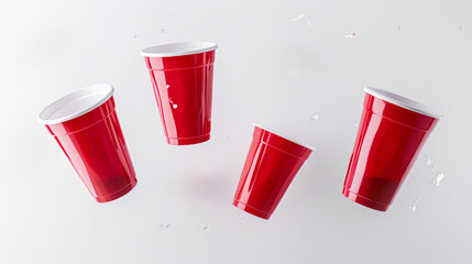 Four red plastic cups are flying through the air. The cups are upside down and appear to be in motion. a dynamic scene of red cups used in a drinking game, suspended in mid-air a white background.