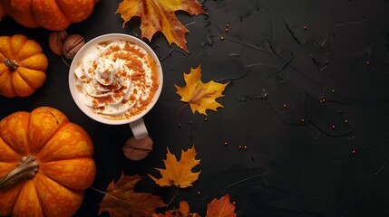 Autumn composition  Pumpkin Spice Latte  maple leaves and pumpkins  on black background creative flat lay top view copy space Seasonal autumn concept with coffee drink : Generative AI
