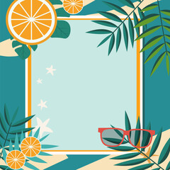 Summer Line Frame Background with Tropical Leaf Orange and Copy Space
