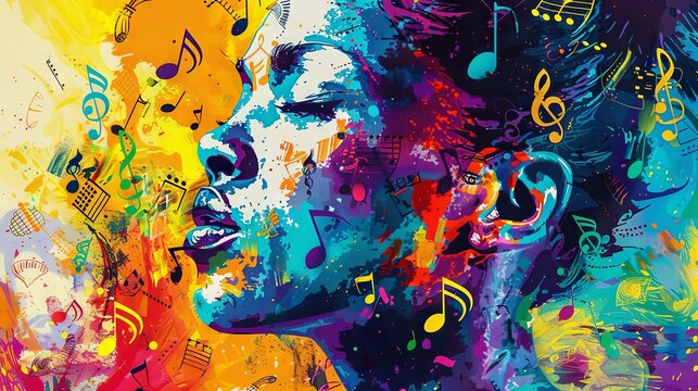 Vibrant portrait of a young dark-skinned woman with colorful musical elements