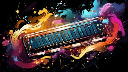 Abstract and colorful illustration of a harmonica on a black background - obrazy, fototapety, plakaty