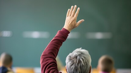 Back view of older student raising his hand to answer teacher's question during education training class.