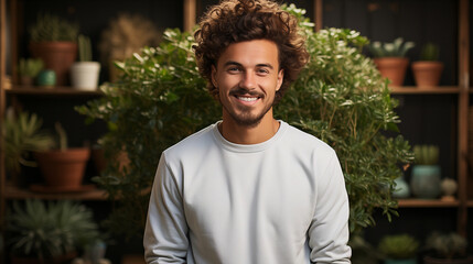 Handsome Arabic-Australian man white sweatshirt lifestyle mockup standing is showcasing the sweatshirt smooth front on a lifestyle at minimal living room background