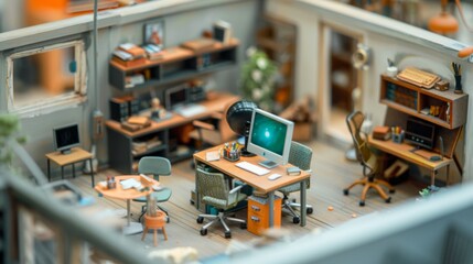 A miniature office workspace with tiny desks, chairs, and computers, showcasing the creativity and craftsmanship of miniature furniture design.