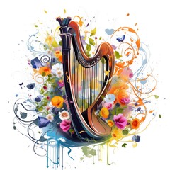 Abstract and colorful illustration of a harp on a white background with flowers