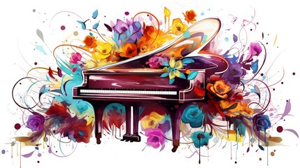 Abstract and colorful illustration of a piano on a white background with flowers - obrazy, fototapety, plakaty