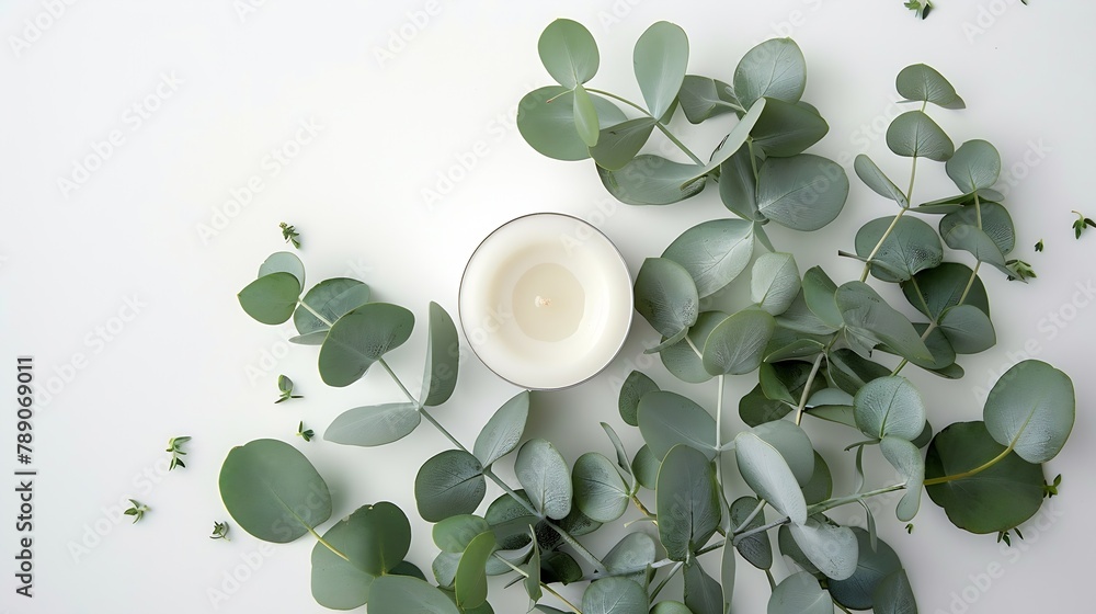 Poster eucalyptus green succulent candle leaves isolated on white background flat lay overhead view : gener