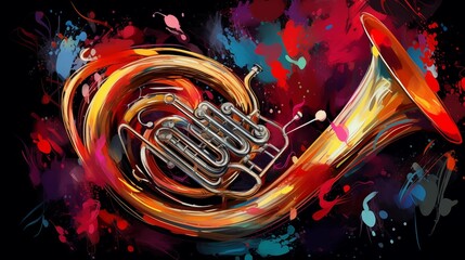 Abstract and colorful illustration of a tuba on a black background - obrazy, fototapety, plakaty