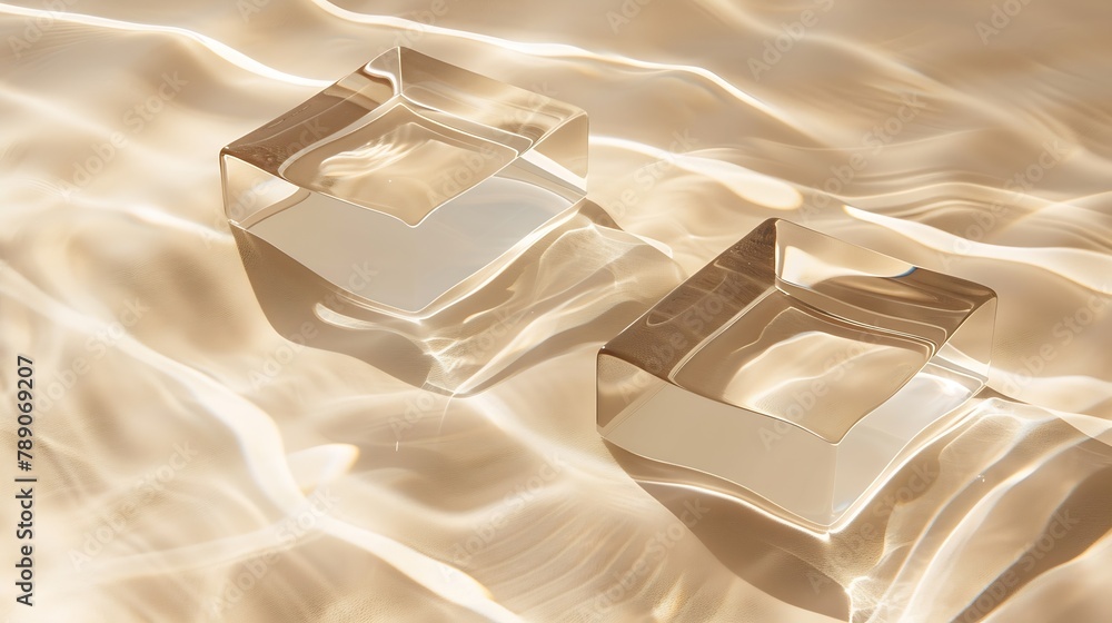 Aufkleber two empty clear glass square podiums on beige transparent calm water texture with waves in sunlight 