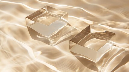 Two empty clear glass square podiums on beige transparent calm water texture with waves in sunlight...
