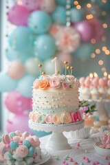 Delicate pastel background sets the stage for a babys first birthday, with a cute cake on the table high detailed