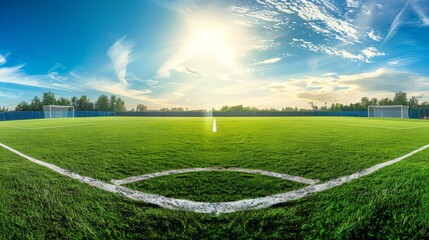 Obraz premium A panoramic view of a pristine soccer field surrounded by green grass and white boundary lines, ready for a thrilling match under the open sky.